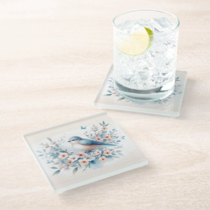 Bluebird Blossom Watercolor Serenity Glass Coaster