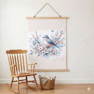 Bluebird Blossom Watercolor Serenity Hanging Tapestry