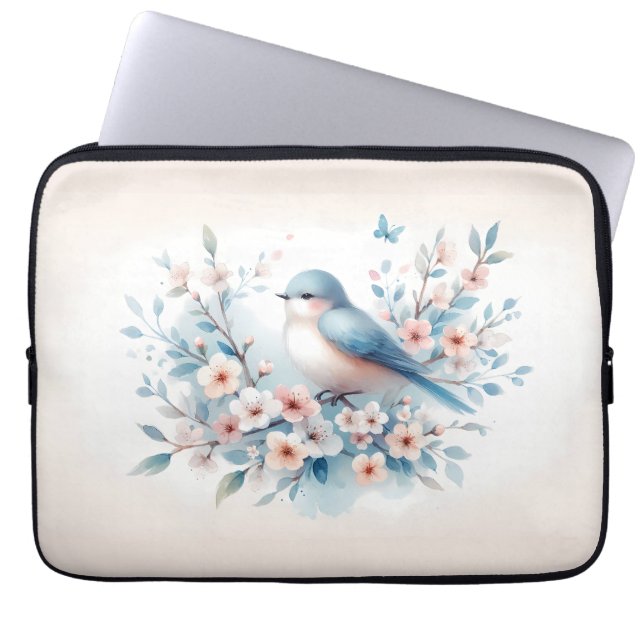 Bluebird Blossom Watercolor Serenity Laptop Sleeve (Front)