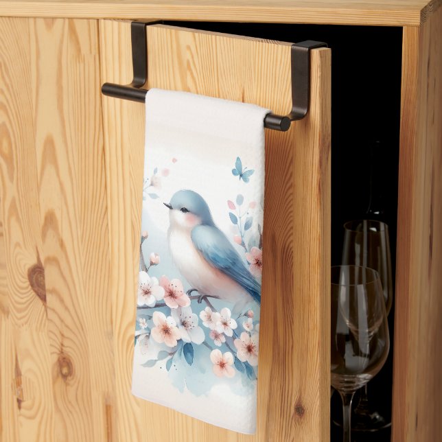 Bluebird Blossom Watercolor Serenity Tea Towel (Thirds Fold)