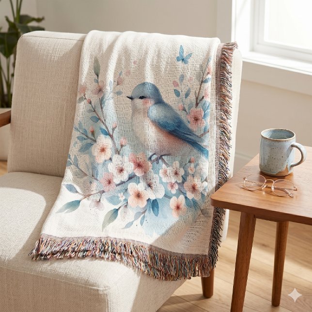 Bluebird Blossom Watercolor Serenity Throw Blanket (Bluebird Blossom Watercolor Serenity Throw Blanket)
