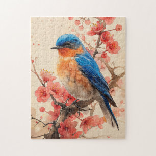Bluebird Cherry Blossom Tree Painting Jigsaw Puzzle
