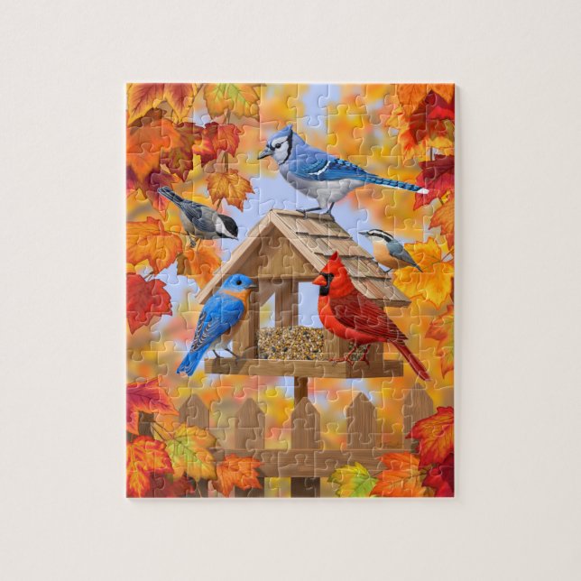 Bluebird Chickadee Cardinal Autumn Bird Feeder Jigsaw Puzzle (Vertical)
