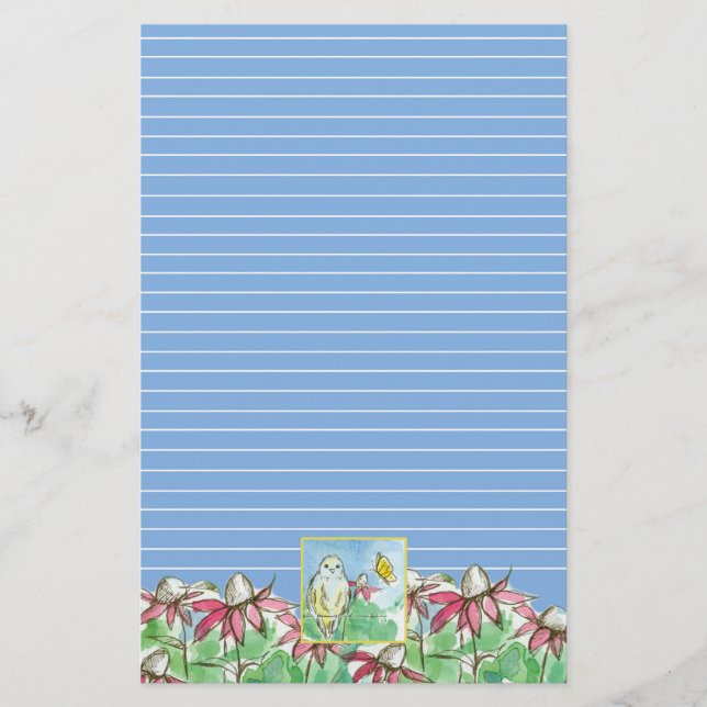 Bluebird Coneflowers Butterfly Spring Flower Stationery (Front)