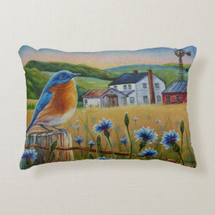 Bluebird Cornflowers Summer Farm Watercolor Art Decorative Cushion