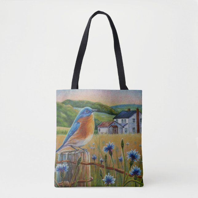 Bluebird Cornflowers Summer Farm Watercolor Art Tote Bag (Front)