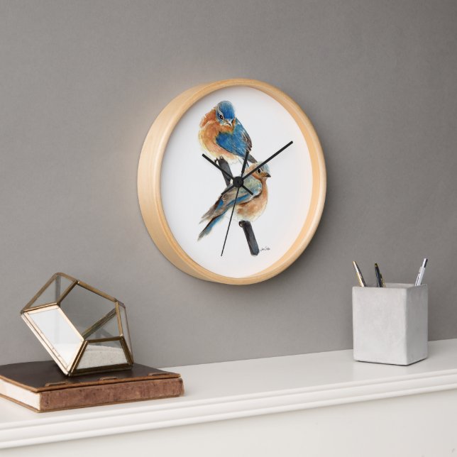 Bluebird Couple Watercolor Painting Clock (Office)