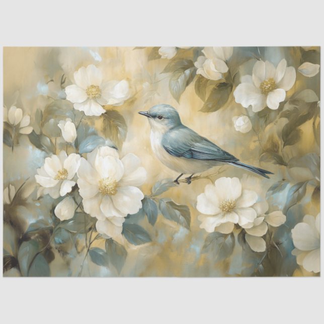 Bluebird Cream White Flowers Painting Decoupage Tissue Paper (Front)