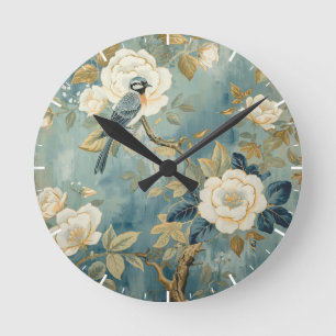 Bluebird Cream White Flowers Painting Round Clock