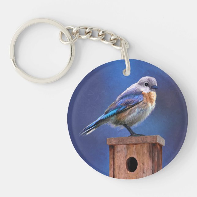 Bluebird (Female) Painting - Original Bird Art Key Ring (Front)