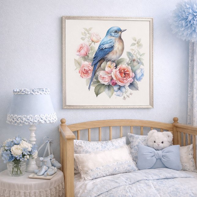 Bluebird Floral Art Home Decor (Beautiful blue bird and pink roses wall art )