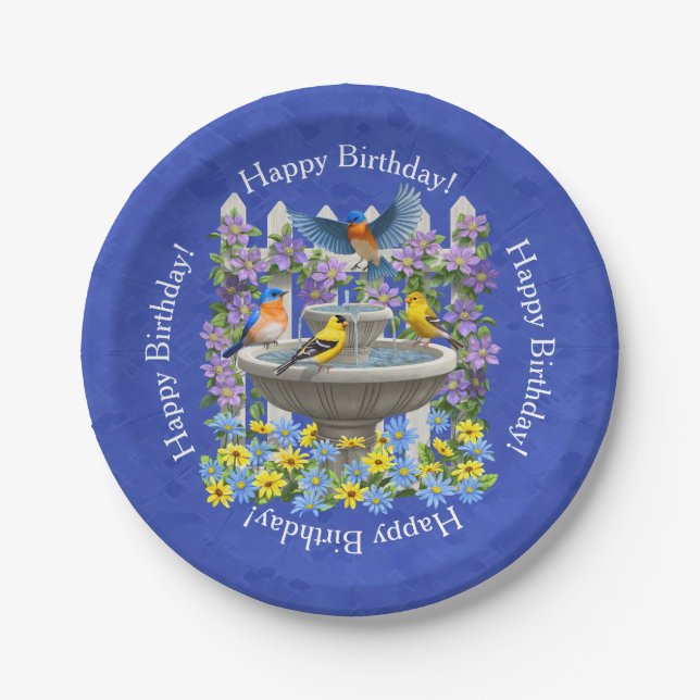 Bluebird Goldfinch Birdbath Garden Royal Blue Paper Plate (Front)