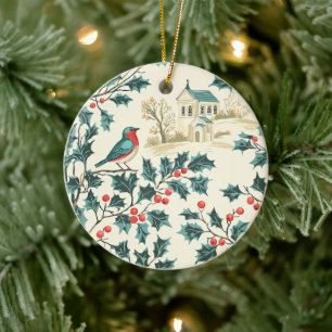 Bluebird Holly Christmas Winter Church Ceramic Ornament