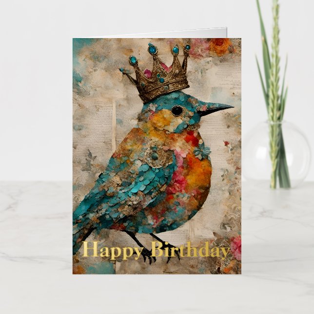 Bluebird in a Crown Mixed Media Collage Birthday Foil Greeting Card (Front)