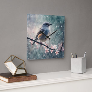 Bluebird In A Rainy Window Square Wall Clock
