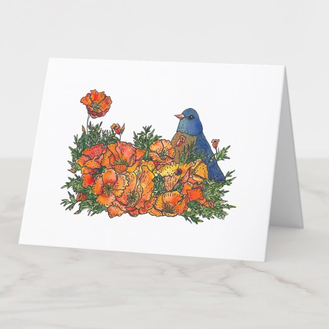 Bluebird in Poppy Flowers Watercolor Blank Card (Creator Uploaded)