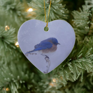 Bluebird in Snowy Winter Trees - Holiday Ceramic Ornament