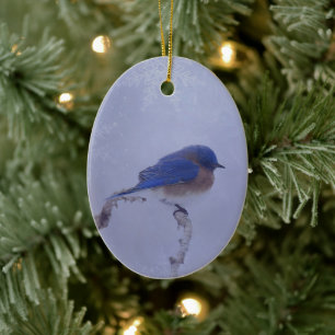 Bluebird in Snowy Winter Trees - Holiday Ceramic Ornament