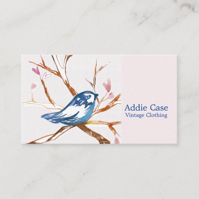Bluebird In Tree Branches Hearts Leaves Pink Business Card (Front)