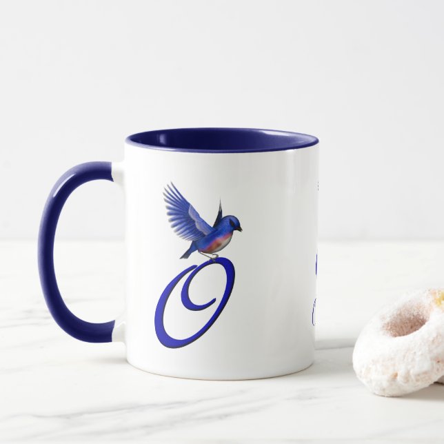 Bluebird Monogram Initial O Elegant Personalised Mug (With Donut)