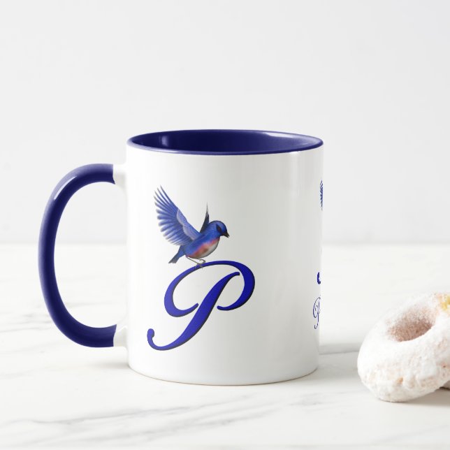 Bluebird Monogram Initial P Elegant Personalized Mug (With Donut)