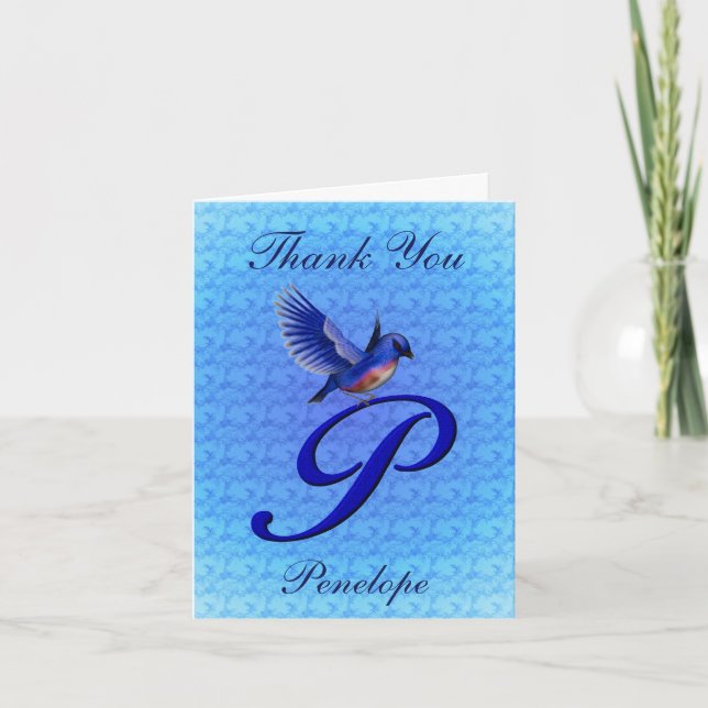 Bluebird Monogram Initial P Personalised Thank You Card (Front)