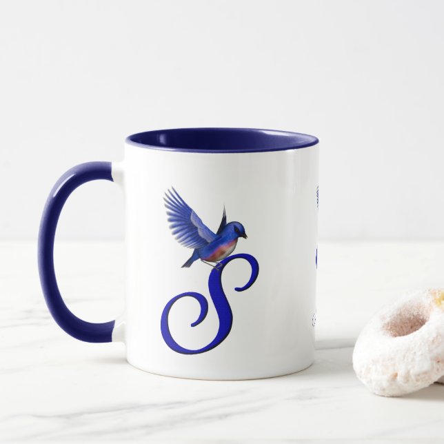 Bluebird Monogram Initial S Elegant Personalised Mug (With Donut)
