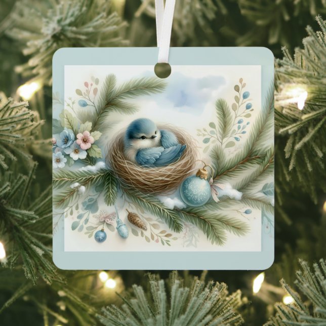 Bluebird Nest with Ornaments in Winter Pines (Insitu)