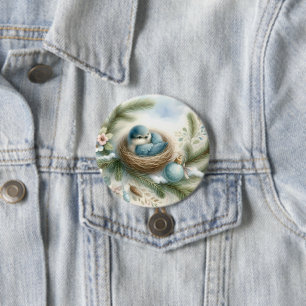 Bluebird Nest with Ornaments in Winter Pines 7.5 Cm Round Badge