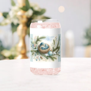 Bluebird Nest with Ornaments in Winter Pines Can Glass
