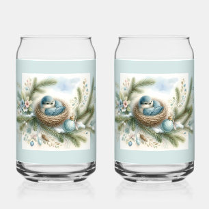 Bluebird Nest with Ornaments in Winter Pines Can Glass