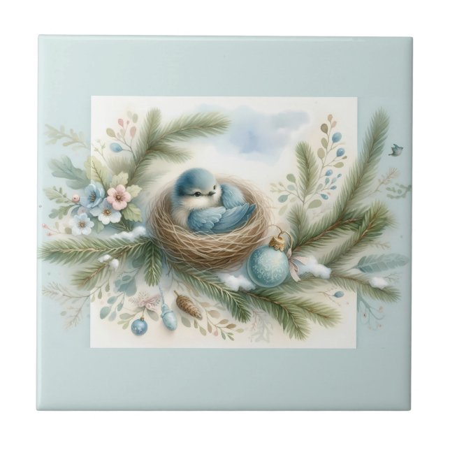 Bluebird Nest with Ornaments in Winter Pines Ceramic Tile (Front)