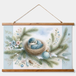 Bluebird Nest with Ornaments in Winter Pines Hanging Tapestry