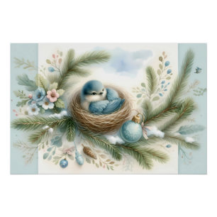 Bluebird Nest with Ornaments in Winter Pines Poster