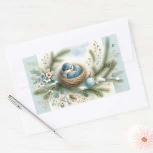 Bluebird Nest with Ornaments in Winter Pines Rectangular Sticker