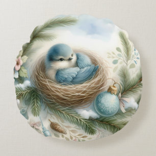 Bluebird Nest with Ornaments in Winter Pines Round Cushion