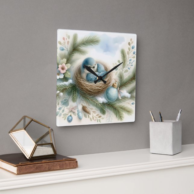 Bluebird Nest with Ornaments in Winter Pines Square Wall Clock (Office)