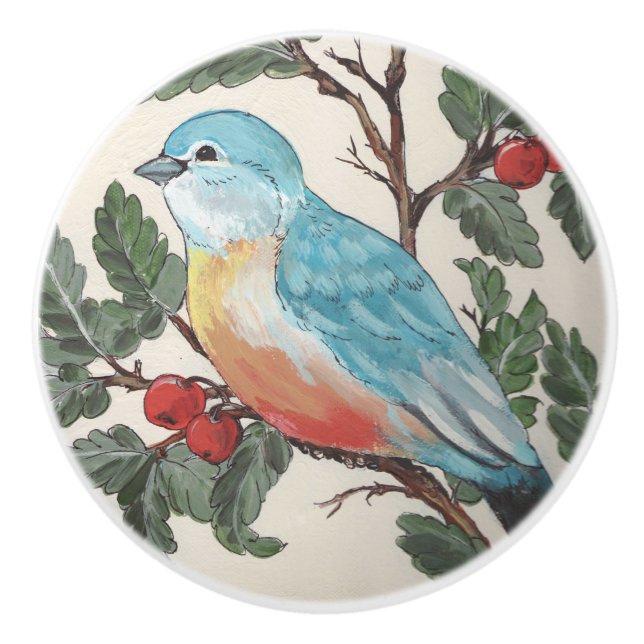 Bluebird of Happiness Cherries Drawer Door Cabinet Ceramic Knob (Front)