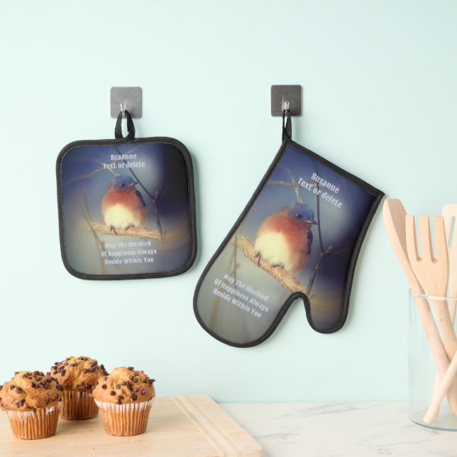 Bluebird Of Happiness Inspirational Personalised Oven Mitt & Pot Holder Set (Insitu(Hanging))