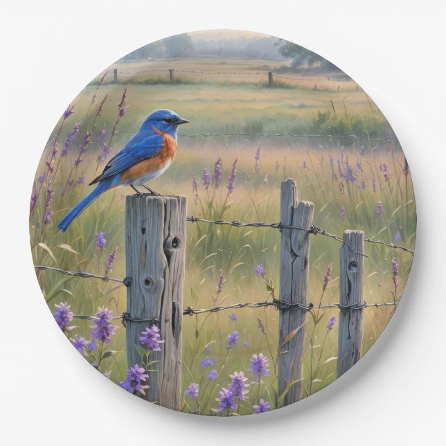 Bluebird On A Fence Post Paper Plate (Front)