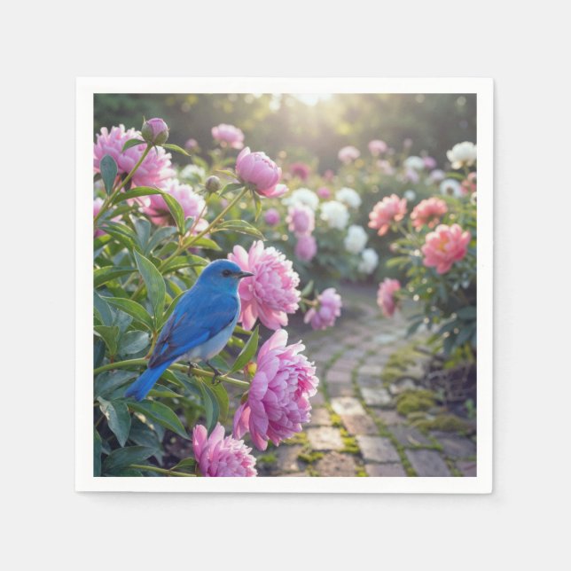 Bluebird On a Pink Peony Napkin (Front)