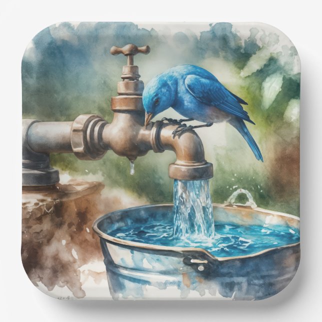 Bluebird On an Old Faucet Paper Plate (Front)