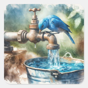 Bluebird On an Old Faucet Square Sticker