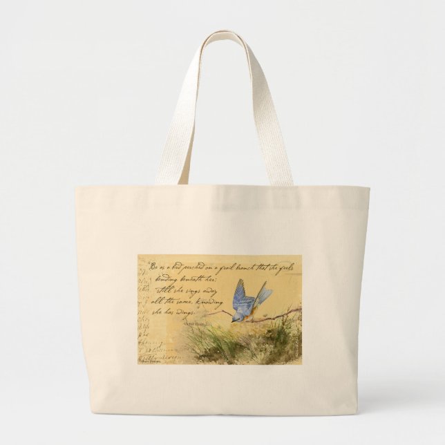 Bluebird on Branch & Victor Hugo Quote Large Tote Bag (Front)