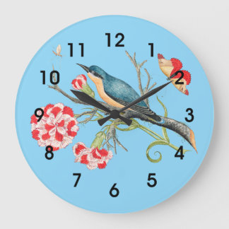 Bluebird on carnations large clock
