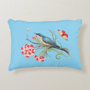 Bluebird on carnations, vintage illustration, decorative cushion