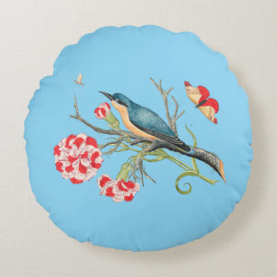 Bluebird on carnations, vintage illustration, round cushion