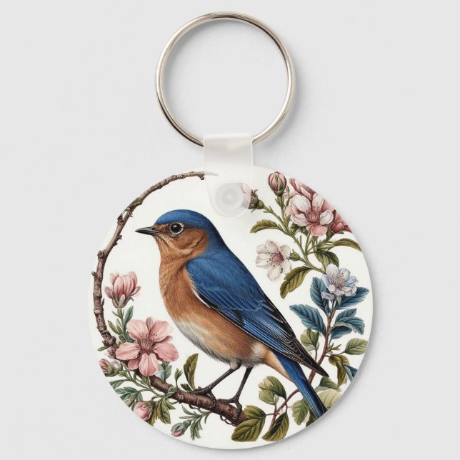 Bluebird Perched Among Blooming Flowers Key Ring (Front)