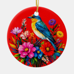 Bluebird Perched Among Colourful Spring Flowers Ceramic Ornament
