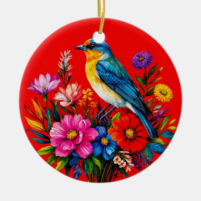 Bluebird Perched Among Colourful Spring Flowers Ceramic Ornament (Front)